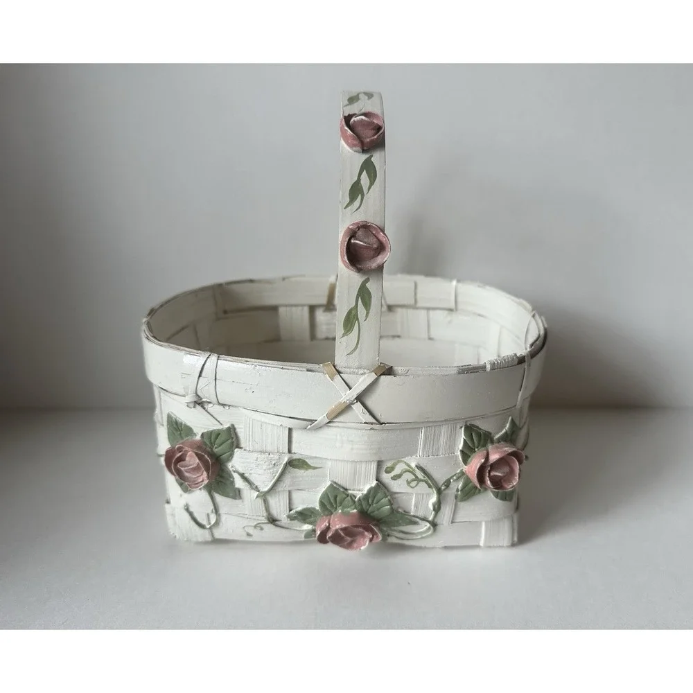 Vtg Shabby Chic Woven Wood Basket With Handle/Pink Ceramic Roses/Green Vines